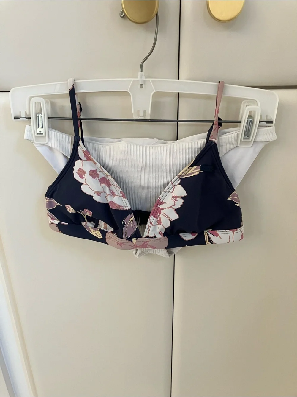Bikini:  Floral Print Navy Bralette Top with white bottoms
